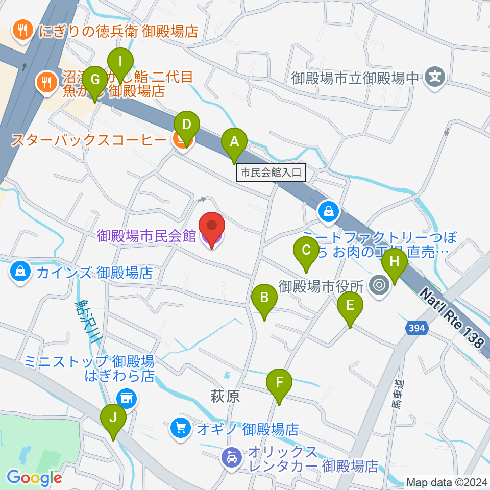 御殿場市民会館周辺のファミレス・ファーストフード一覧地図