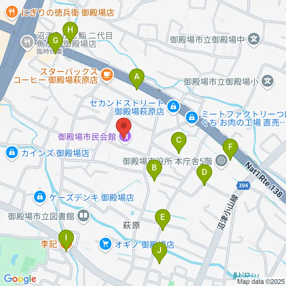 御殿場市民会館周辺のファミレス・ファーストフード一覧地図
