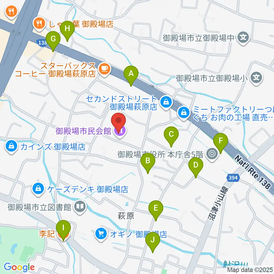 御殿場市民会館周辺のファミレス・ファーストフード一覧地図