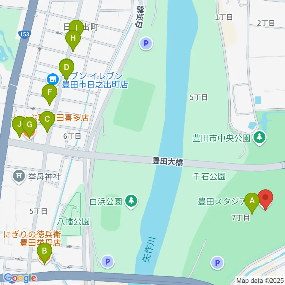 豊田スタジアム周辺のファミレス・ファーストフード一覧地図