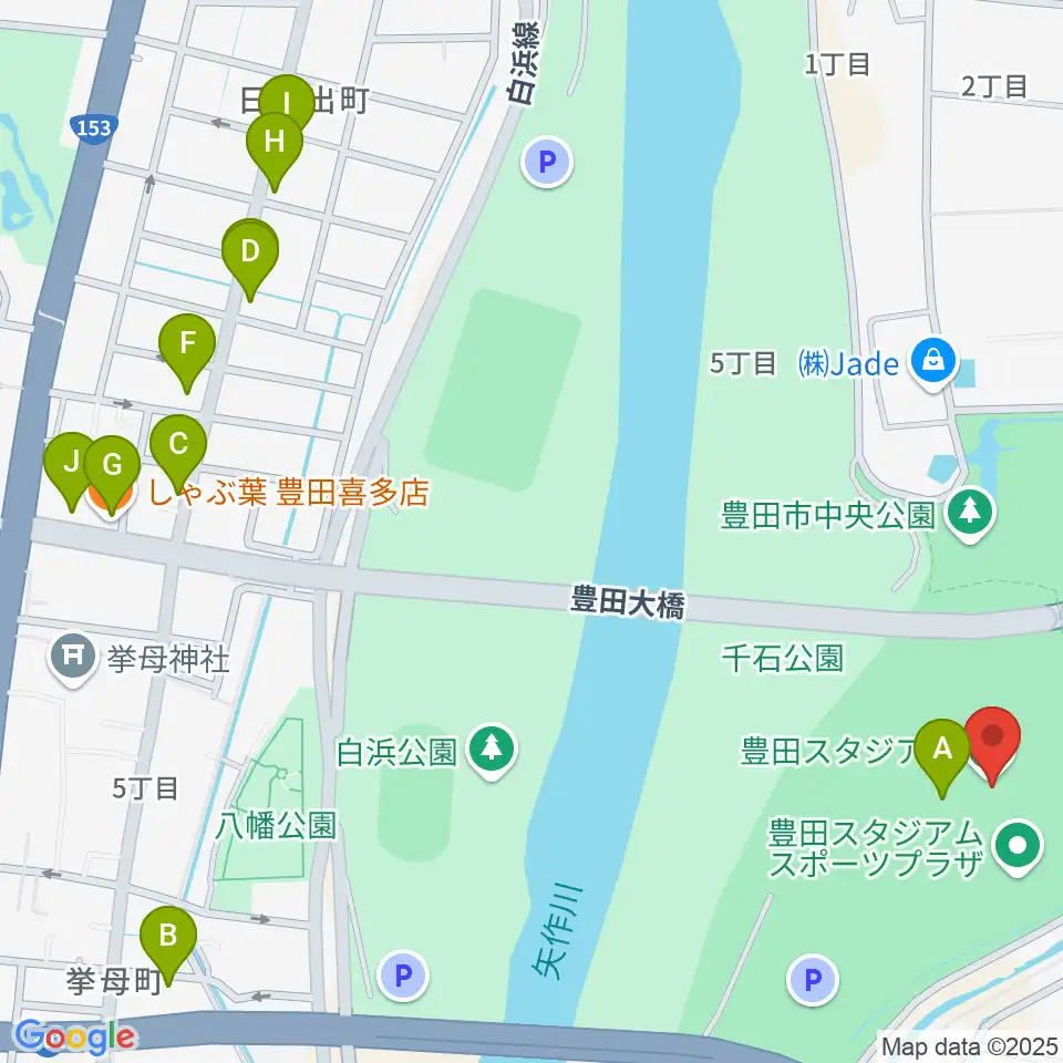 豊田スタジアム周辺のファミレス・ファーストフード一覧地図