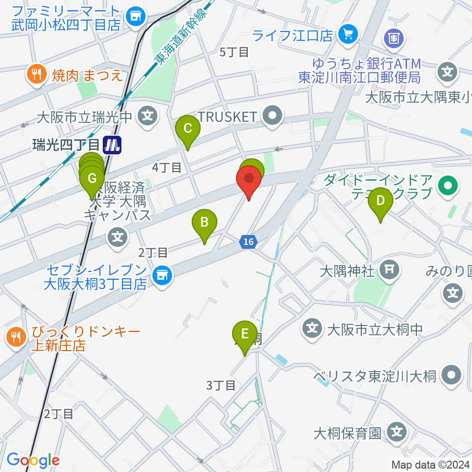 ギター工房 SHOJI周辺のファミレス・ファーストフード一覧地図