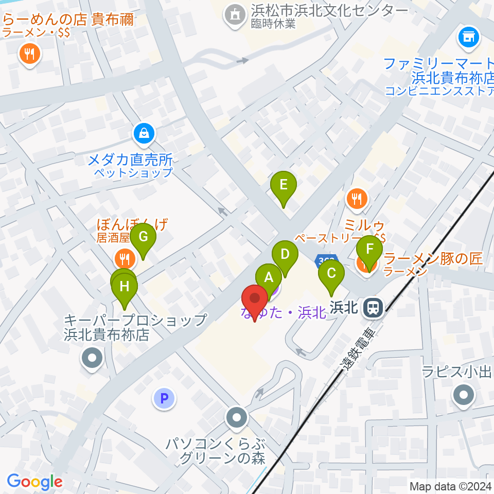 なゆた・浜北 なゆたホール周辺のファミレス・ファーストフード一覧地図