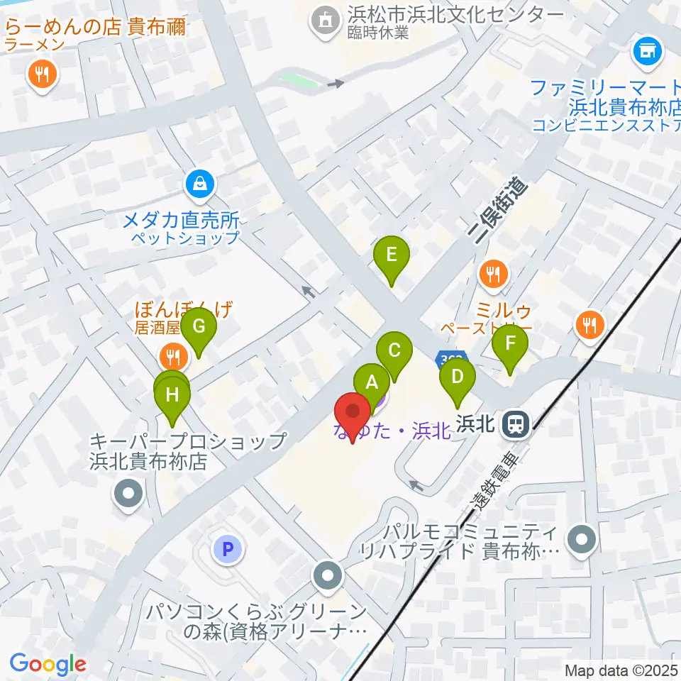 なゆた・浜北 なゆたホール周辺のファミレス・ファーストフード一覧地図