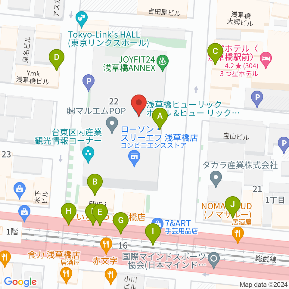 浅草橋ヒューリック ホール＆ヒューリック周辺のファミレス・ファーストフード一覧地図