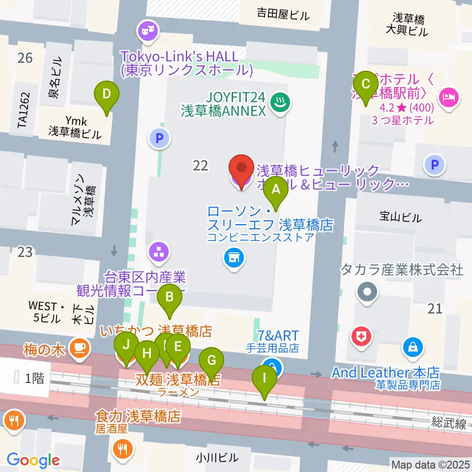 浅草橋ヒューリック ホール＆ヒューリック周辺のファミレス・ファーストフード一覧地図