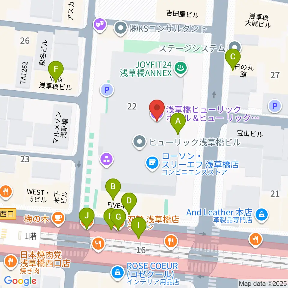 浅草橋ヒューリック ホール＆ヒューリック周辺のファミレス・ファーストフード一覧地図