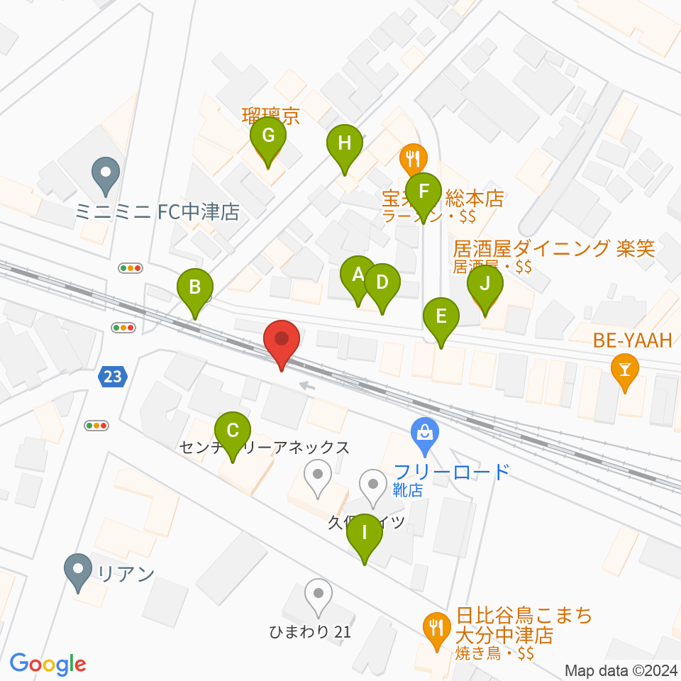 中津Aco-Place プレイヤー楽器店周辺のファミレス・ファーストフード一覧地図
