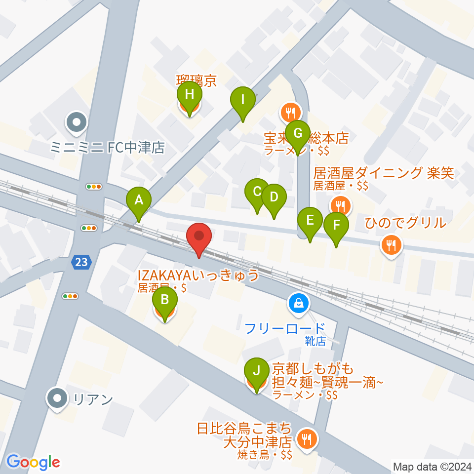 中津Aco-Place プレイヤー楽器店周辺のファミレス・ファーストフード一覧地図