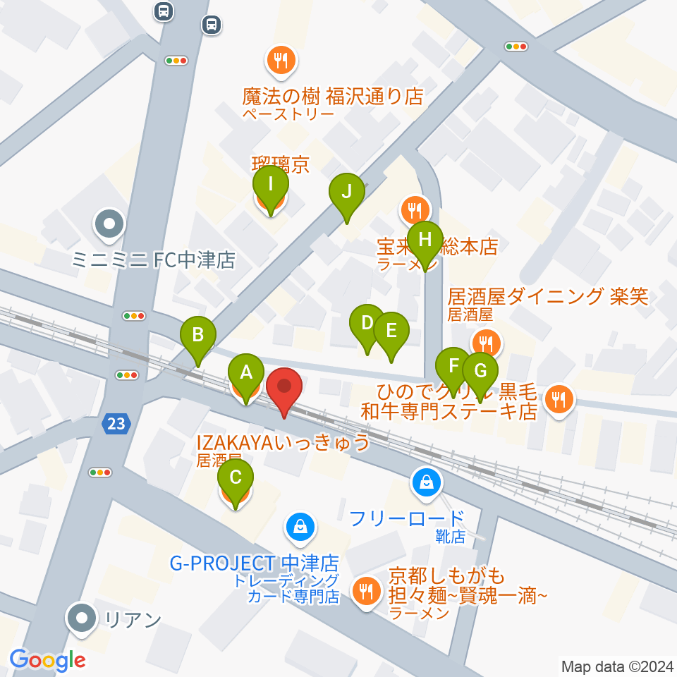 中津Aco-Place プレイヤー楽器店周辺のファミレス・ファーストフード一覧地図