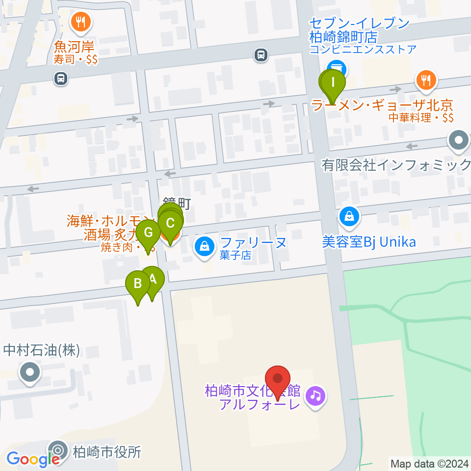 柏崎市文化会館アルフォーレ周辺のファミレス・ファーストフード一覧地図