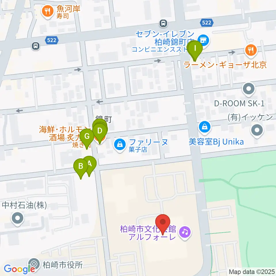 柏崎市文化会館アルフォーレ周辺のファミレス・ファーストフード一覧地図
