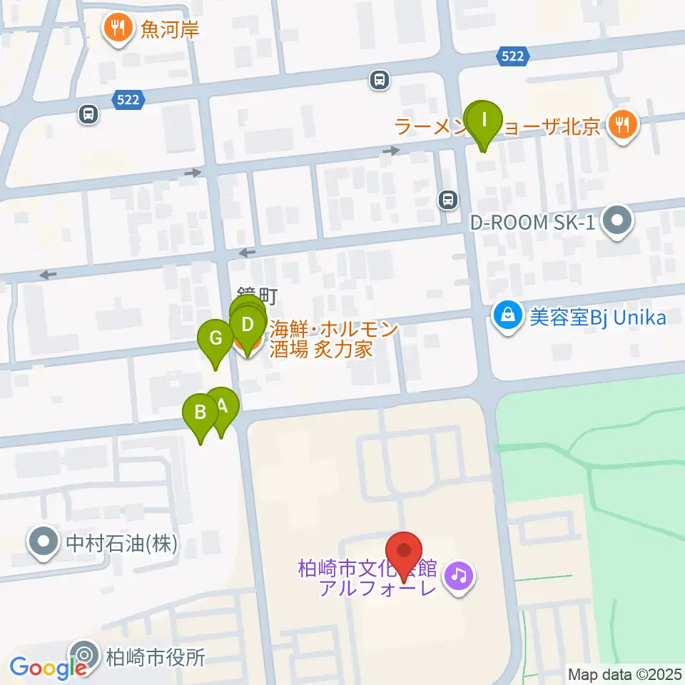 柏崎市文化会館アルフォーレ周辺のファミレス・ファーストフード一覧地図