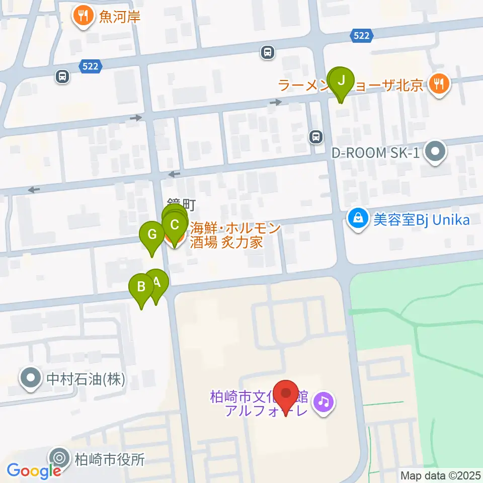 柏崎市文化会館アルフォーレ周辺のファミレス・ファーストフード一覧地図