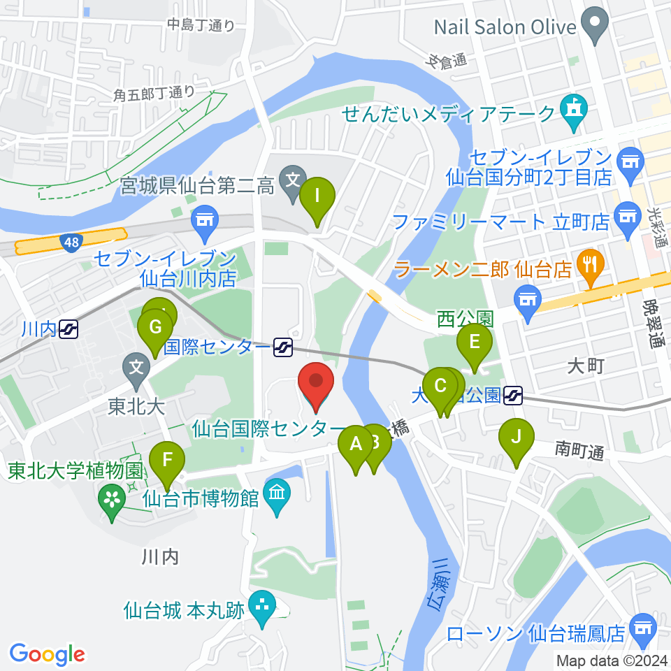 仙台国際センター周辺のファミレス・ファーストフード一覧地図