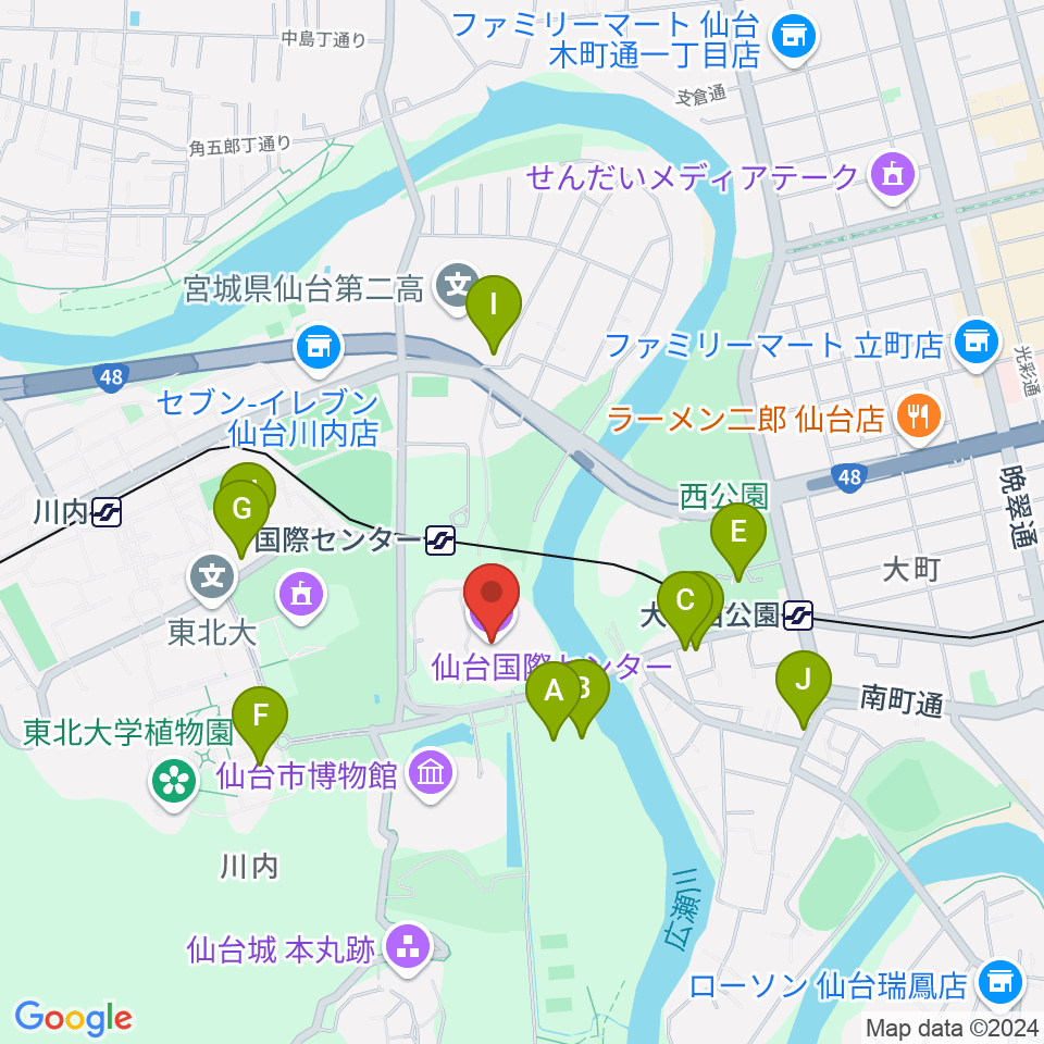 仙台国際センター周辺のファミレス・ファーストフード一覧地図