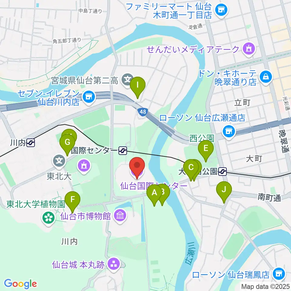 仙台国際センター周辺のファミレス・ファーストフード一覧地図
