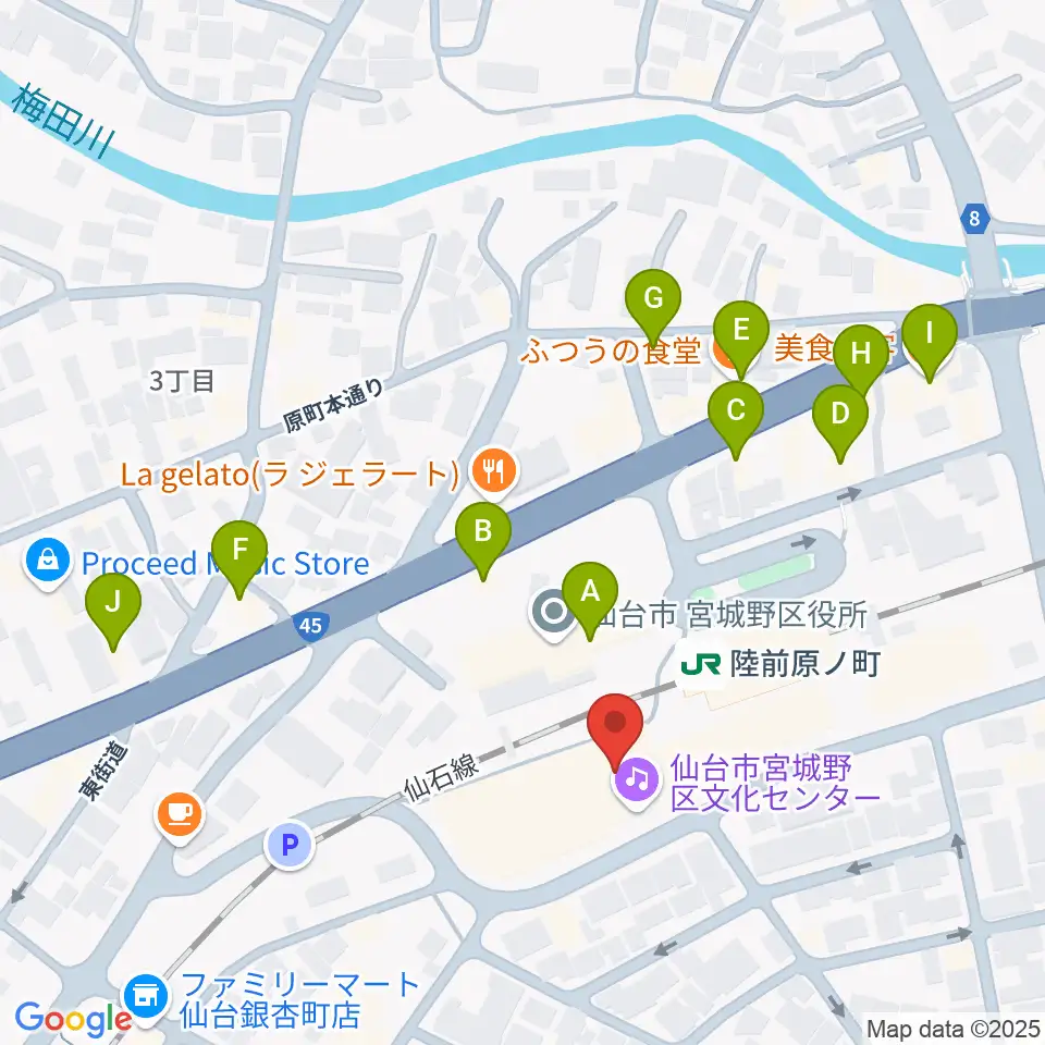 宮城野区文化センター周辺のファミレス・ファーストフード一覧地図