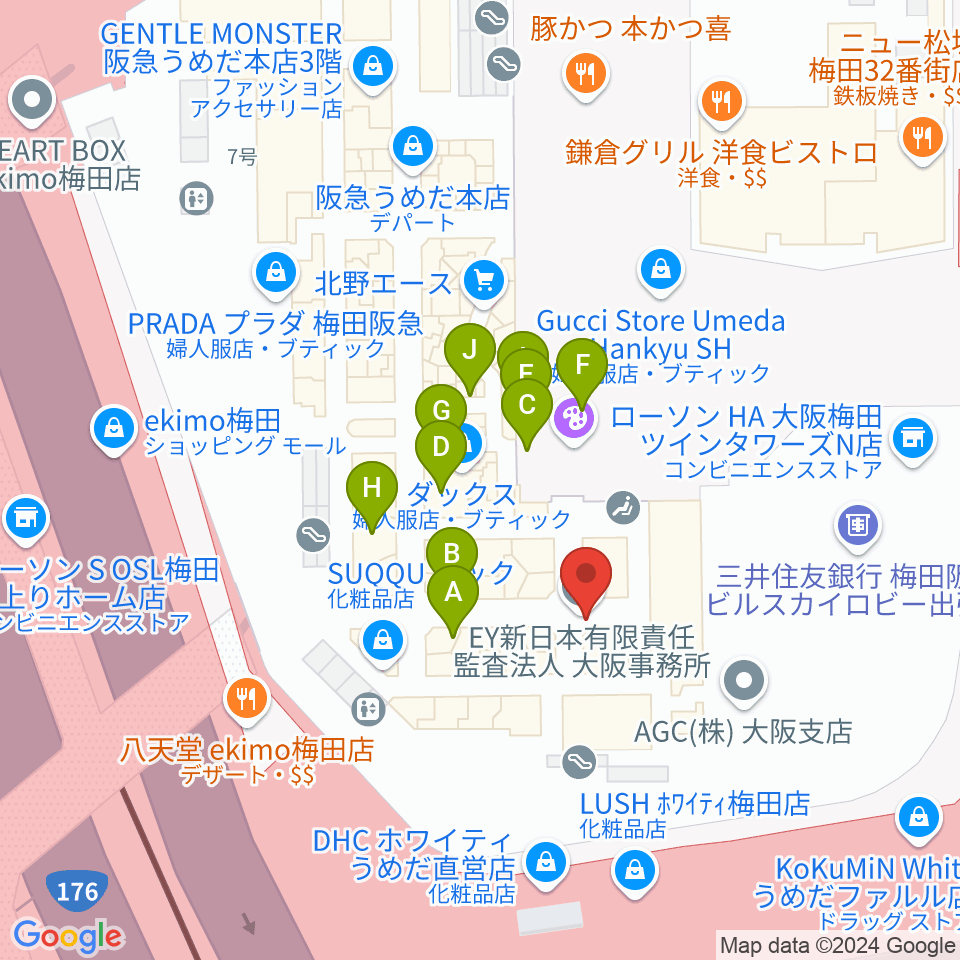 阪急うめだホール周辺のファミレス・ファーストフード一覧地図