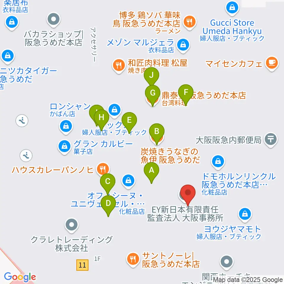 阪急うめだホール周辺のファミレス・ファーストフード一覧地図