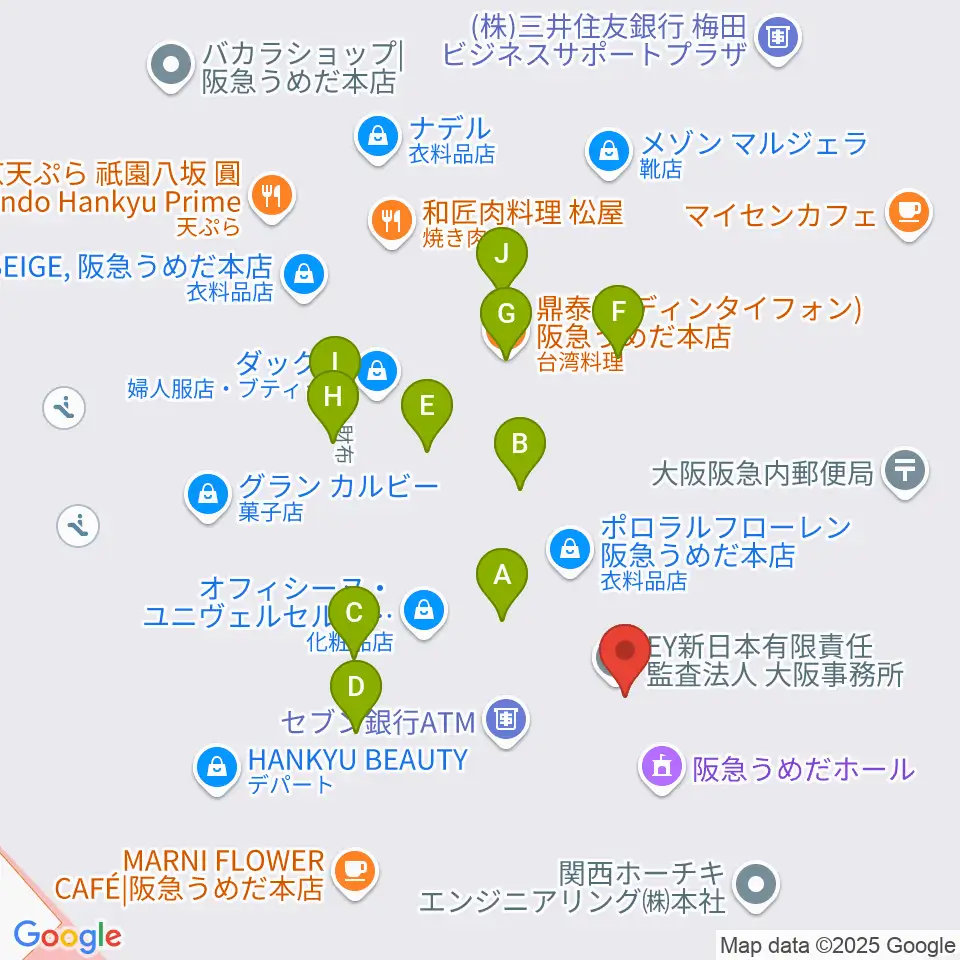 阪急うめだホール周辺のファミレス・ファーストフード一覧地図