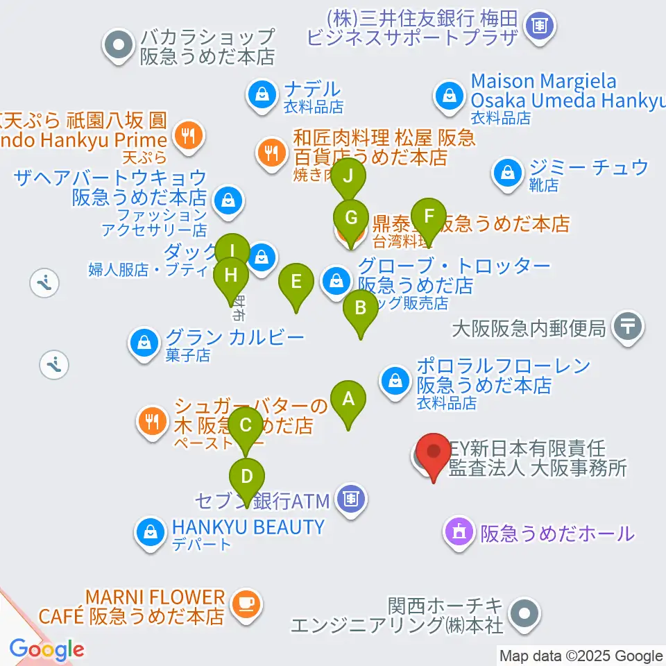 阪急うめだホール周辺のファミレス・ファーストフード一覧地図
