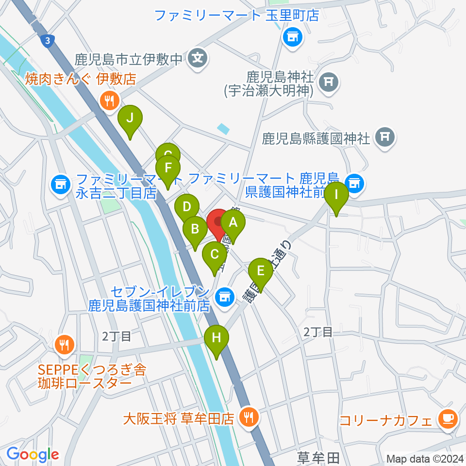 鹿児島 中央楽器周辺のファミレス・ファーストフード一覧地図