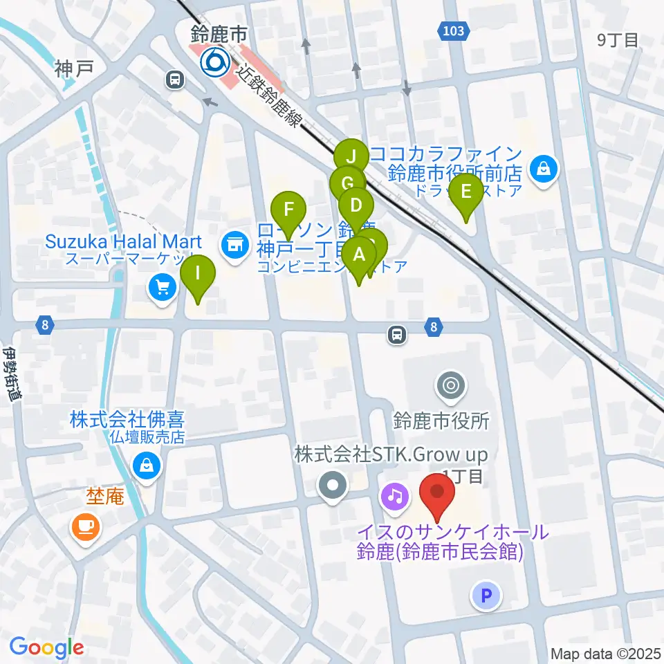 イスのサンケイホール鈴鹿周辺のファミレス・ファーストフード一覧地図