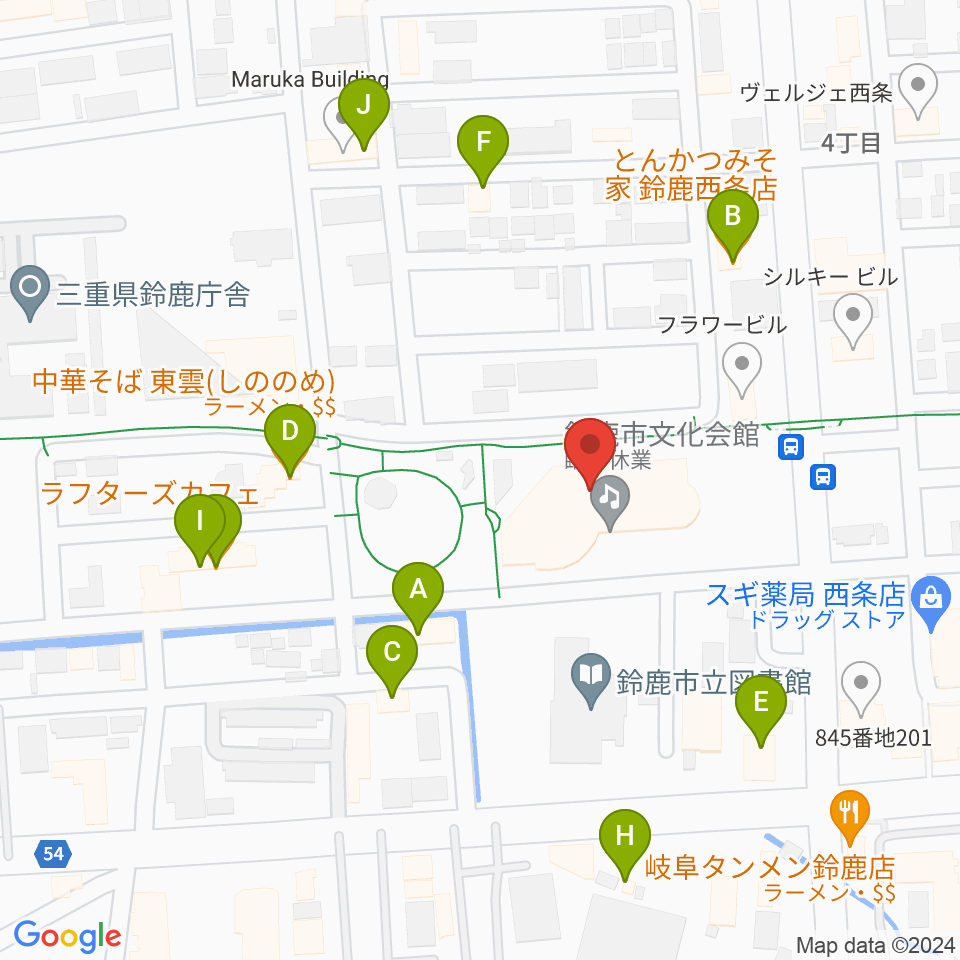 鈴鹿市文化会館周辺のファミレス・ファーストフード一覧地図