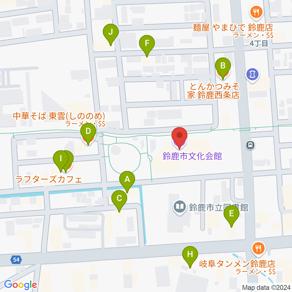 鈴鹿市文化会館周辺のファミレス・ファーストフード一覧地図