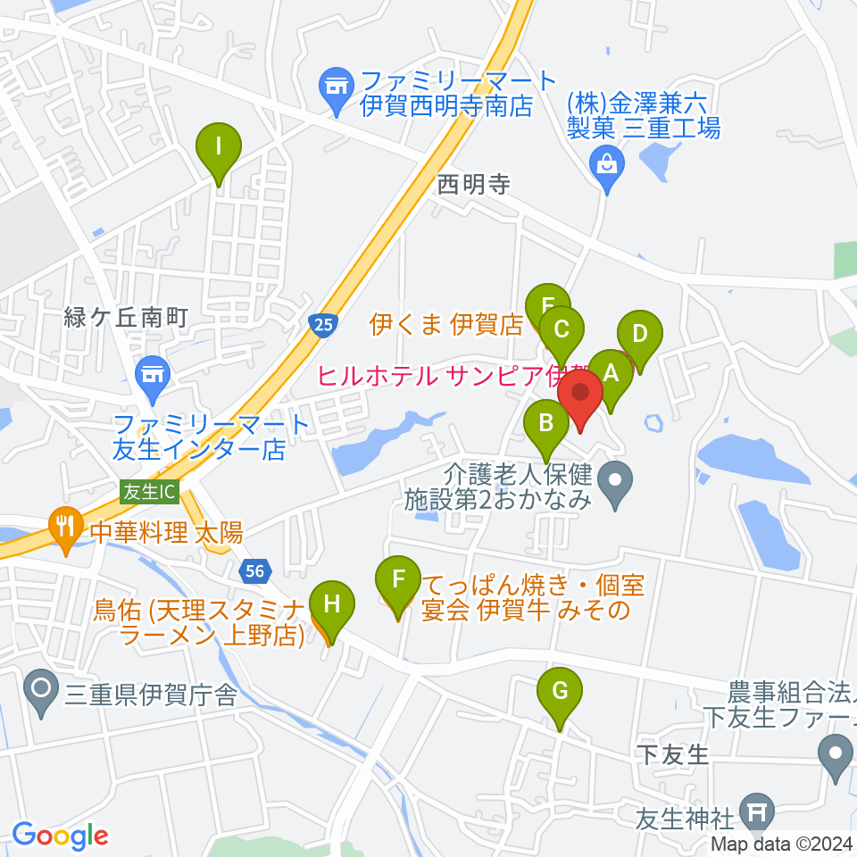 伊賀市文化会館周辺のファミレス・ファーストフード一覧地図