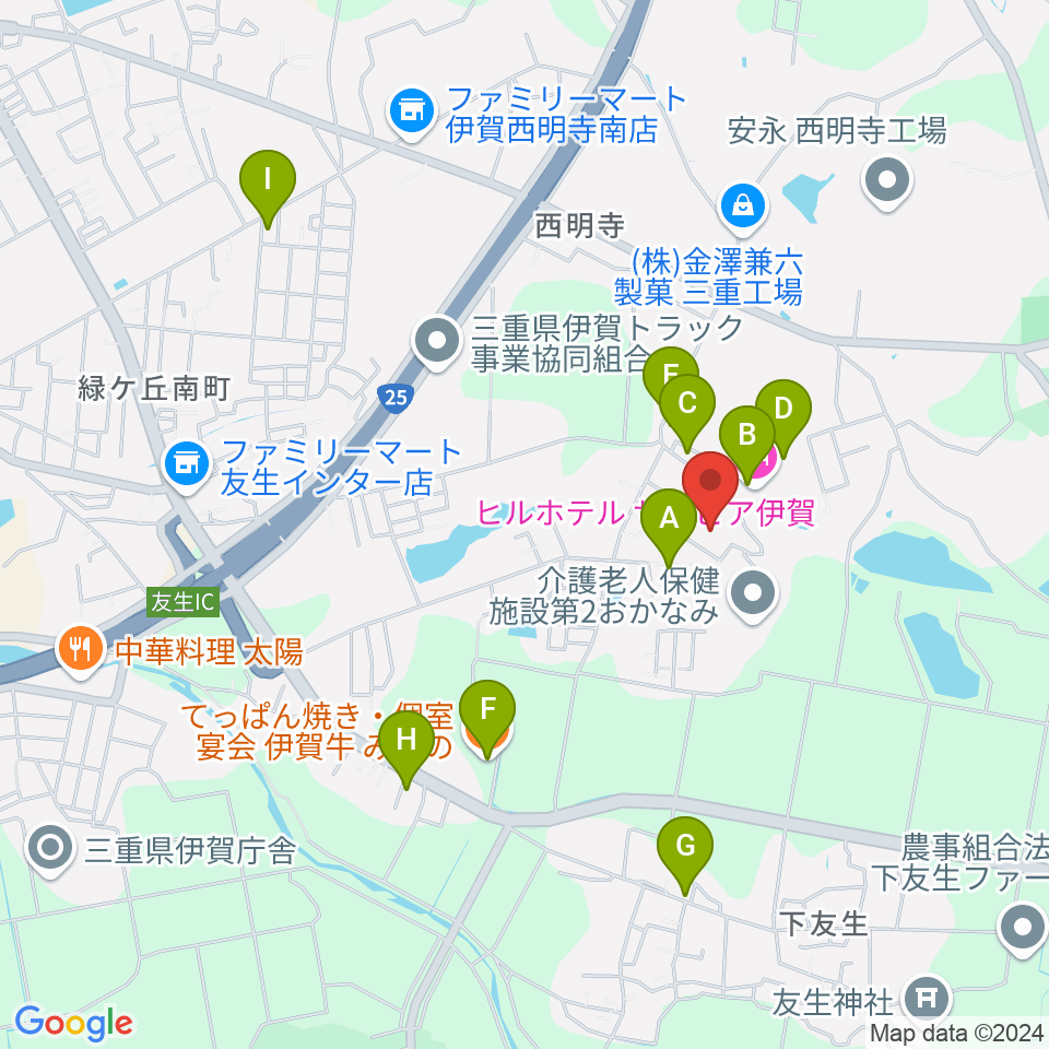 伊賀市文化会館周辺のファミレス・ファーストフード一覧地図