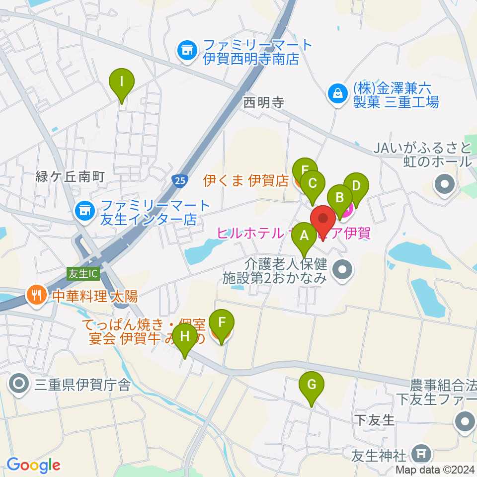 伊賀市文化会館周辺のファミレス・ファーストフード一覧地図