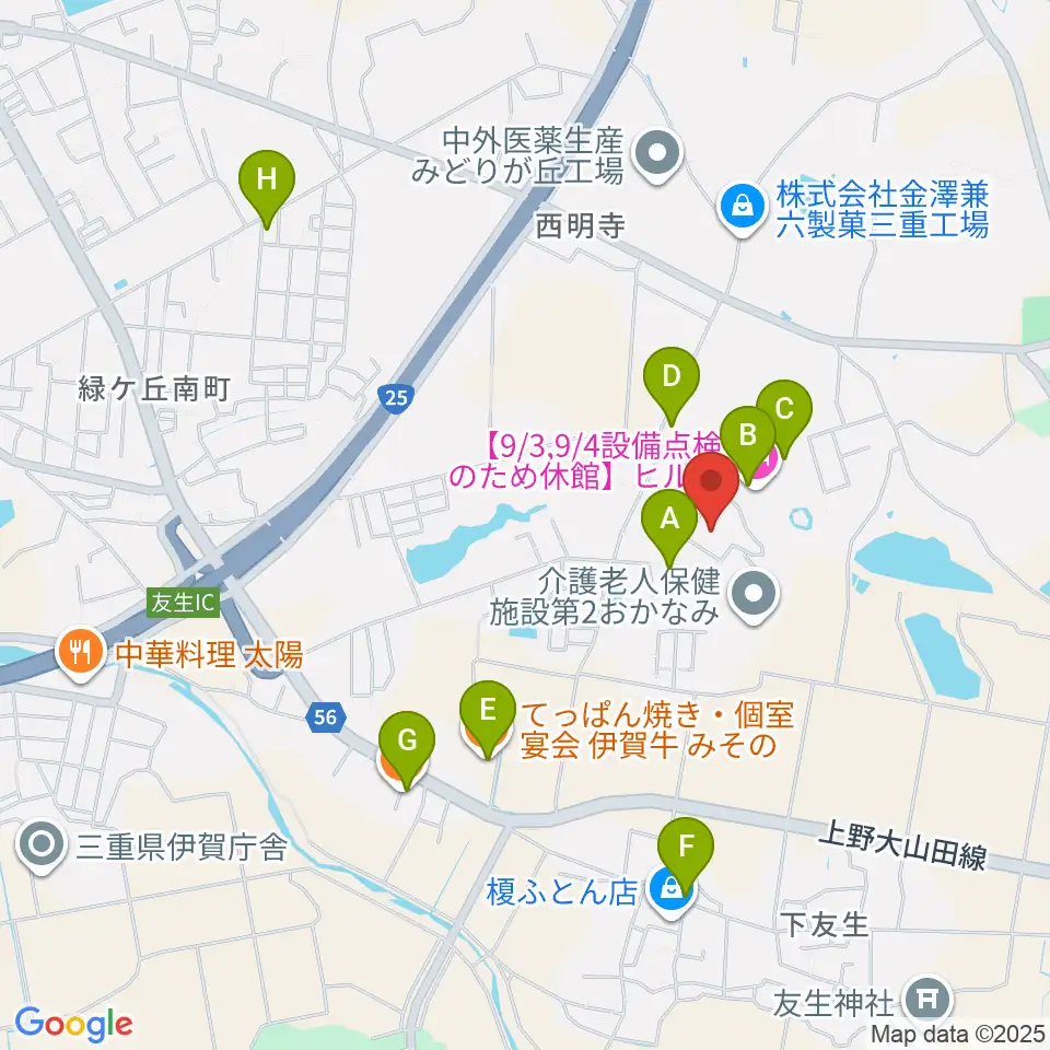 伊賀市文化会館周辺のファミレス・ファーストフード一覧地図