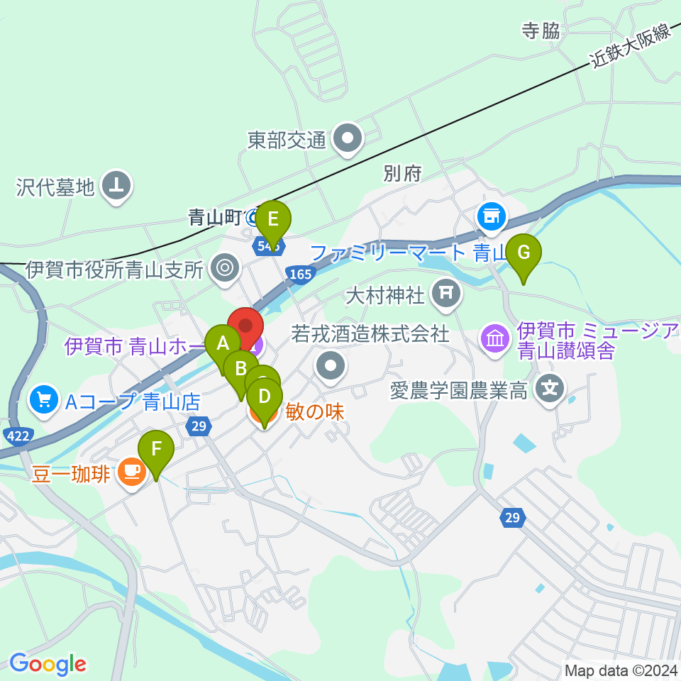 青山ホール周辺のファミレス・ファーストフード一覧地図