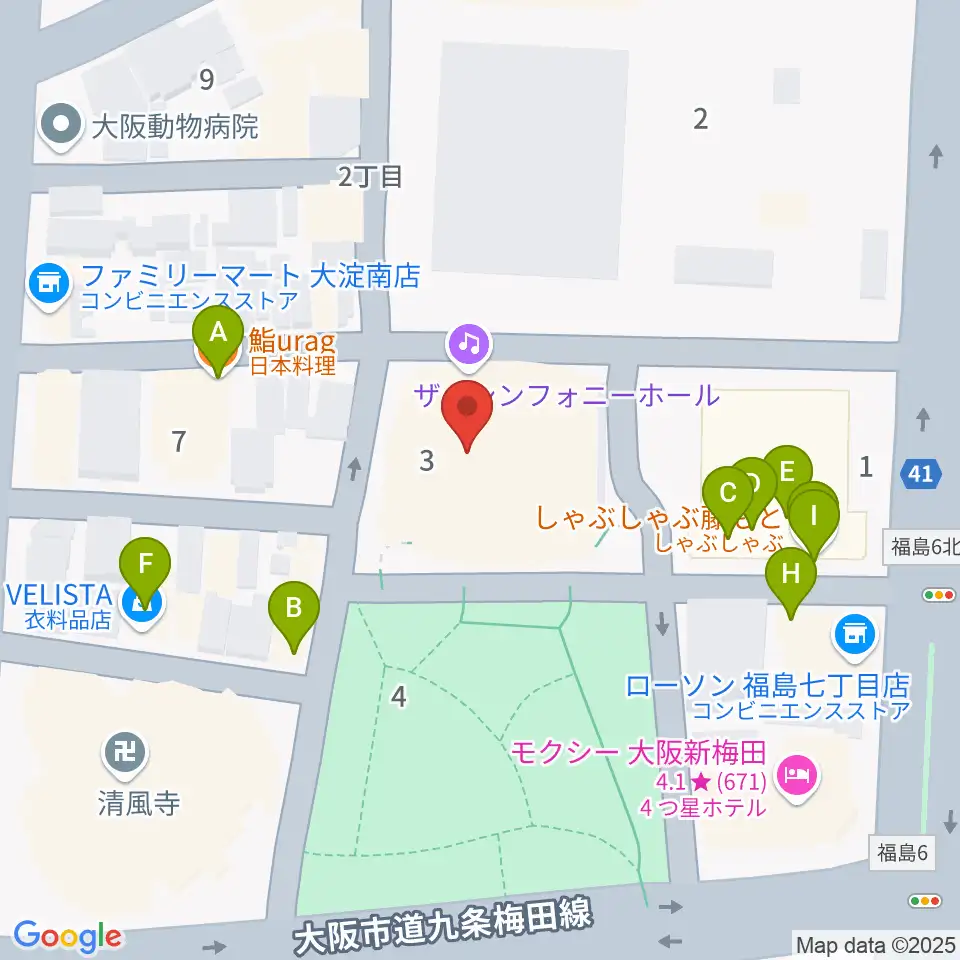 ザ・シンフォニーホール周辺のファミレス・ファーストフード一覧地図