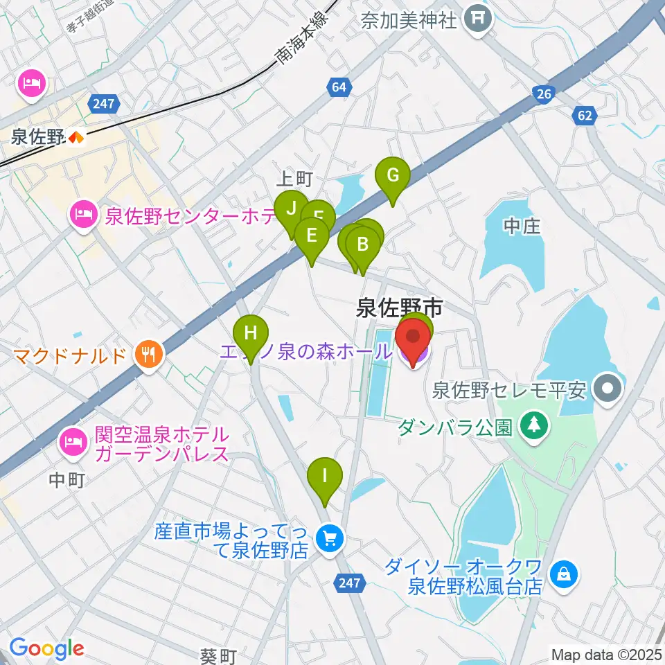 エブノ泉の森ホール周辺のファミレス・ファーストフード一覧地図