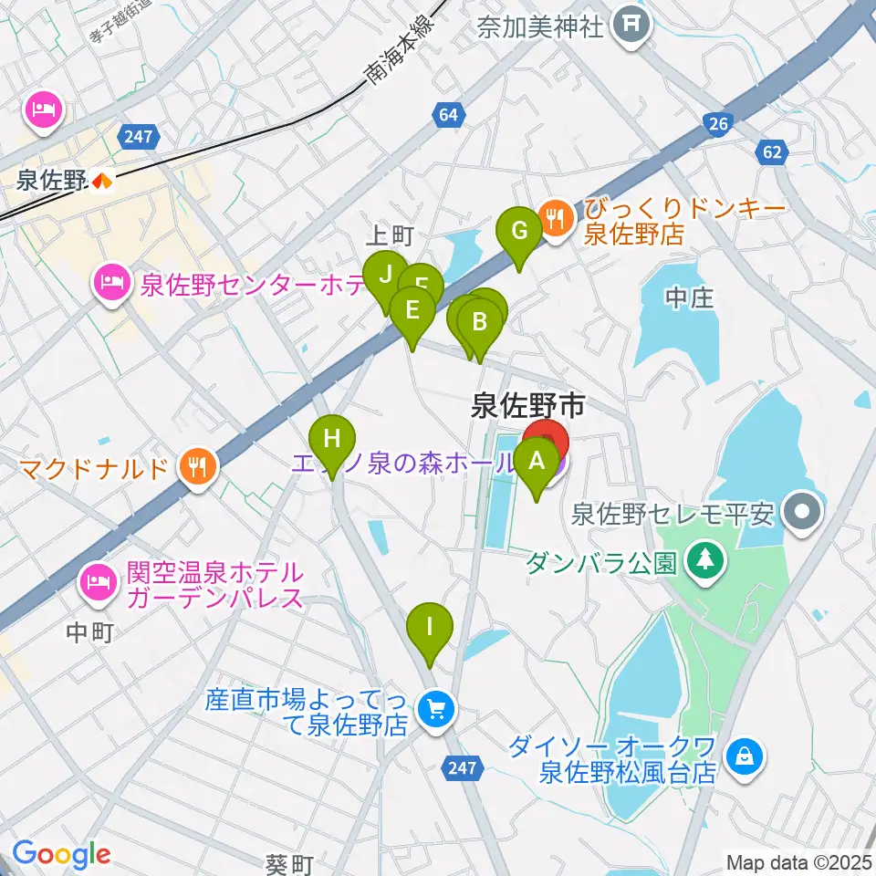 エブノ泉の森ホール周辺のファミレス・ファーストフード一覧地図