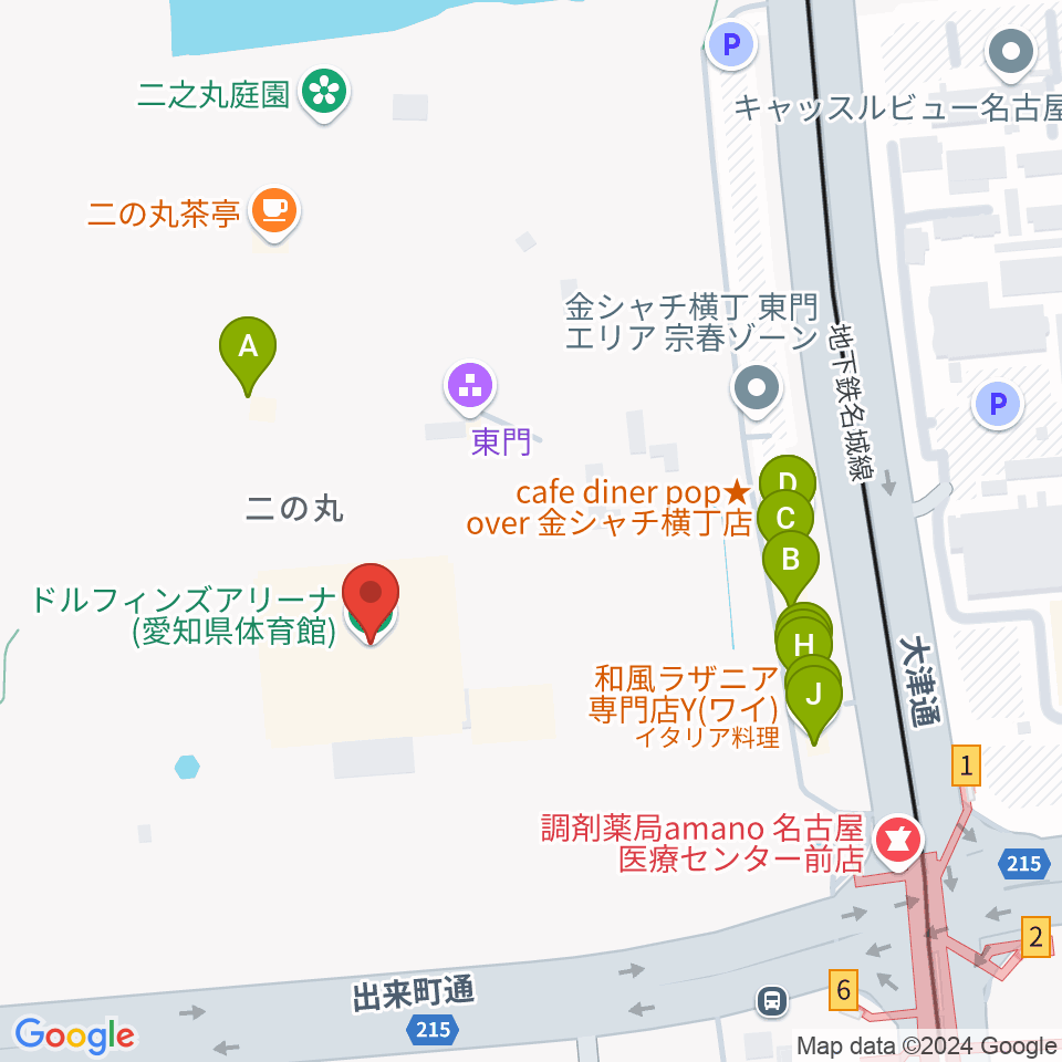 ドルフィンズアリーナ 愛知県体育館周辺のファミレス・ファーストフード一覧地図