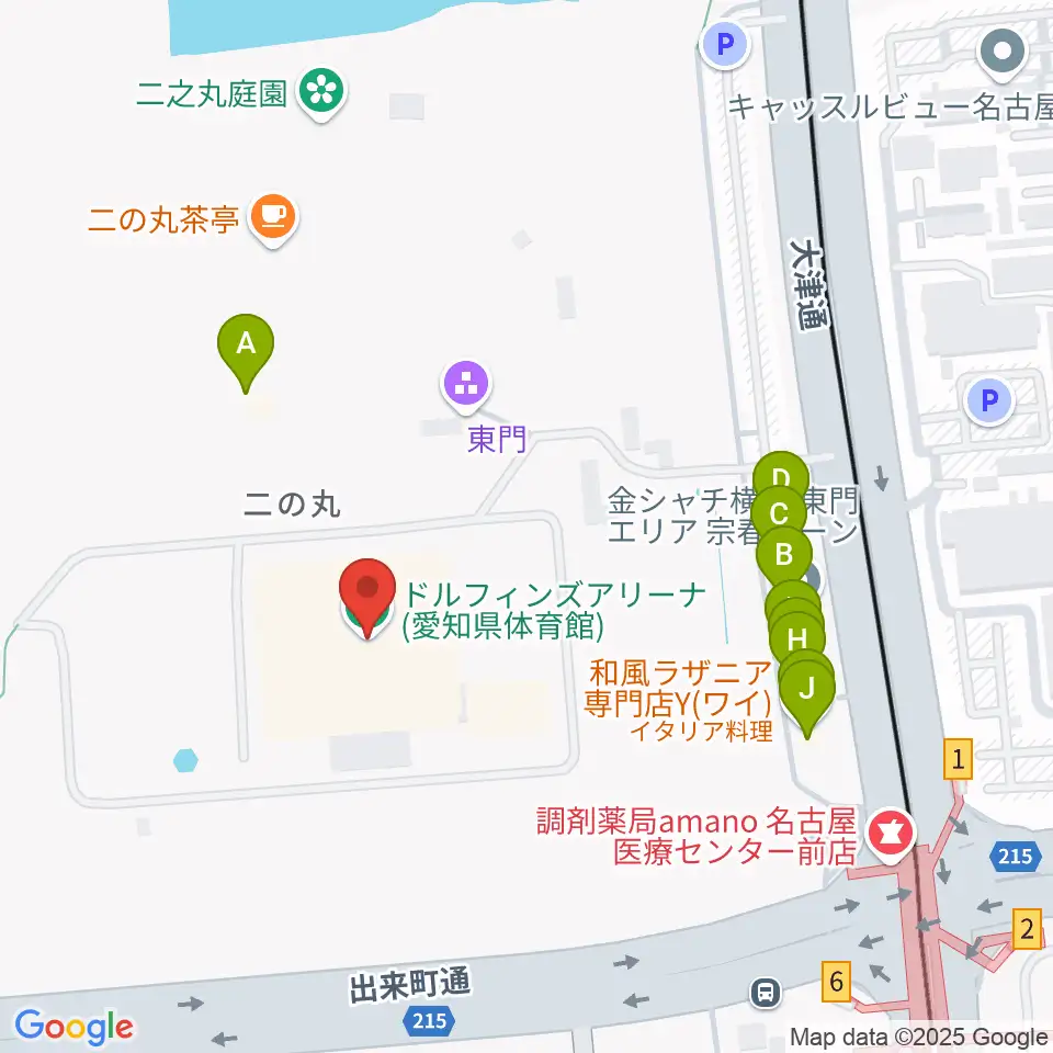 ドルフィンズアリーナ周辺のファミレス・ファーストフード一覧地図