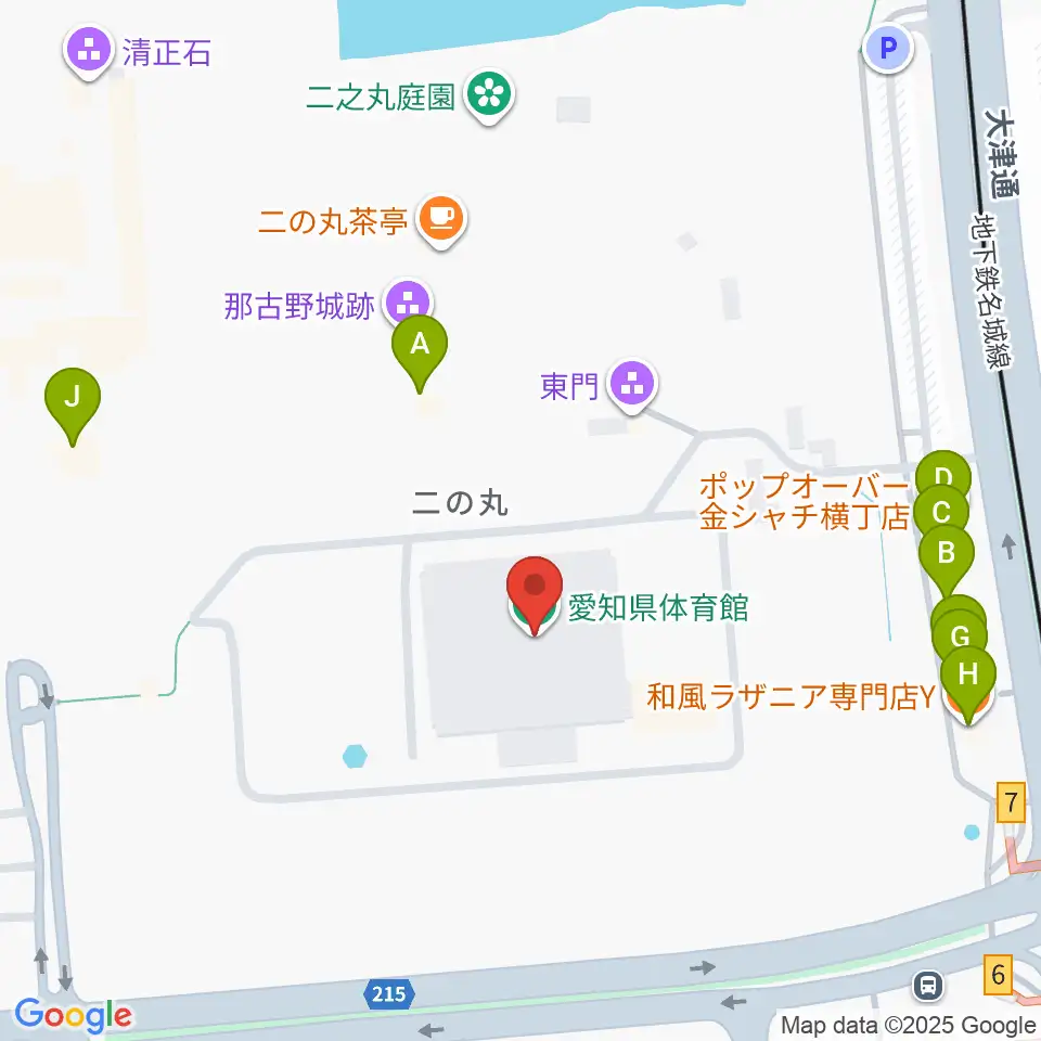 愛知県体育館周辺のファミレス・ファーストフード一覧地図