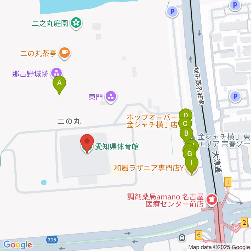 愛知県体育館周辺のファミレス・ファーストフード一覧地図