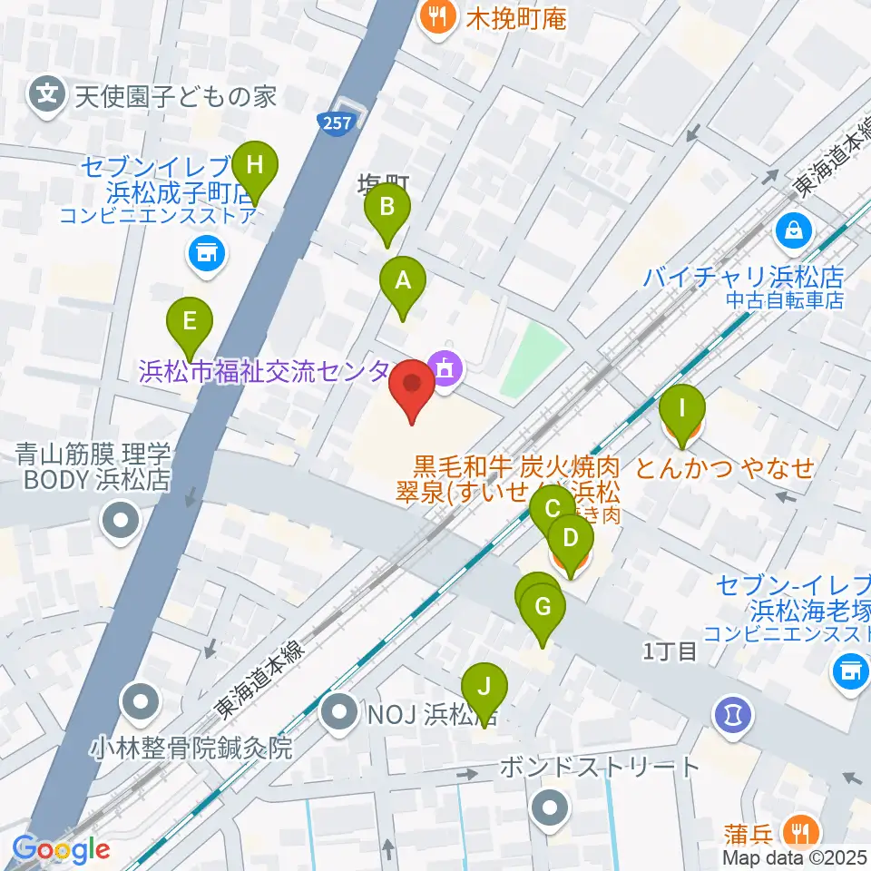 浜松市福祉交流センター周辺のファミレス・ファーストフード一覧地図