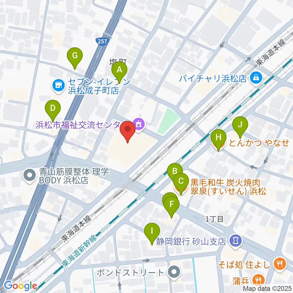 浜松市福祉交流センター周辺のファミレス・ファーストフード一覧地図