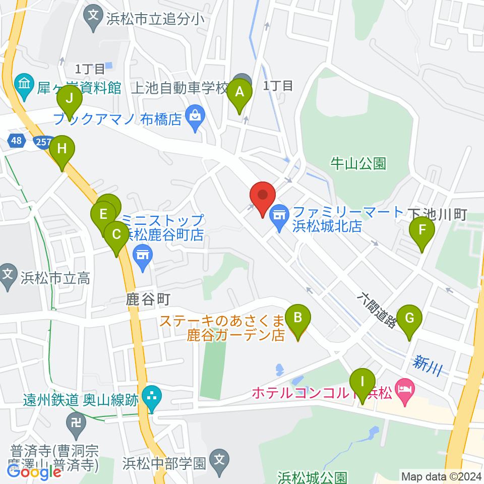浜松市勤労会館Ｕホール周辺のファミレス・ファーストフード一覧地図