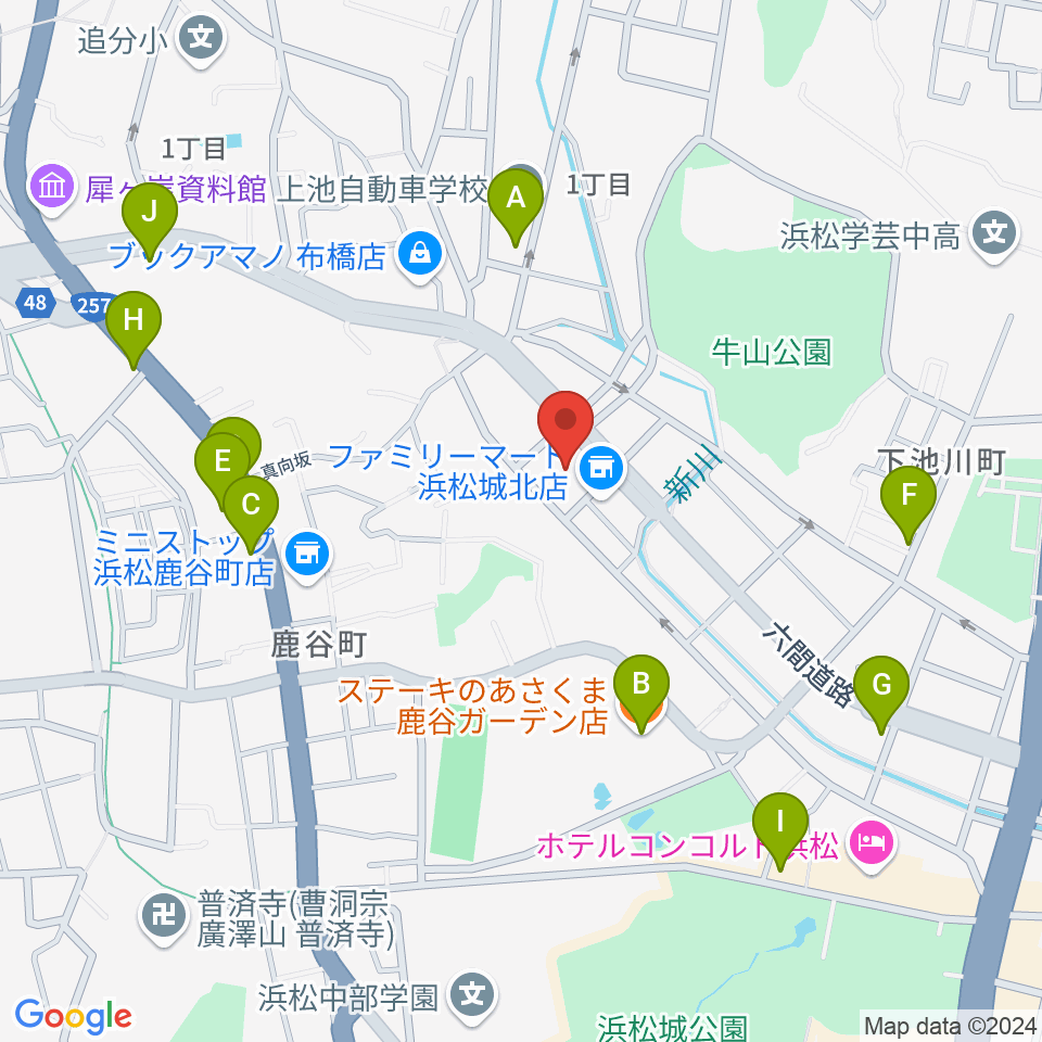 浜松市勤労会館Ｕホール周辺のファミレス・ファーストフード一覧地図