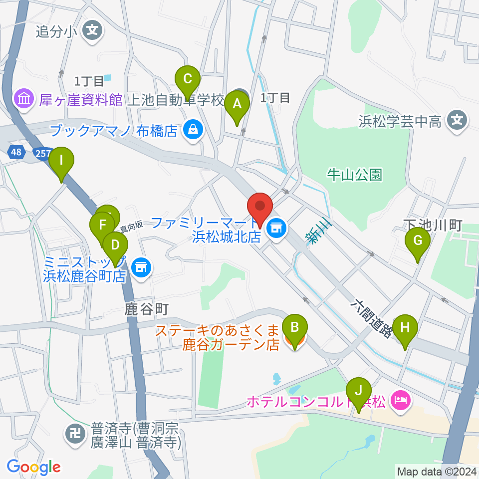 浜松市勤労会館Ｕホール周辺のファミレス・ファーストフード一覧地図