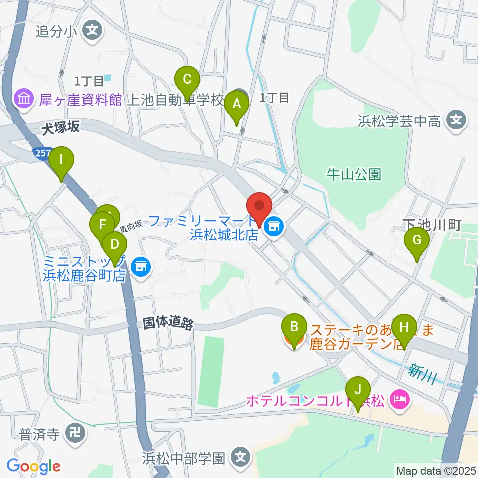 浜松市勤労会館Ｕホール周辺のファミレス・ファーストフード一覧地図