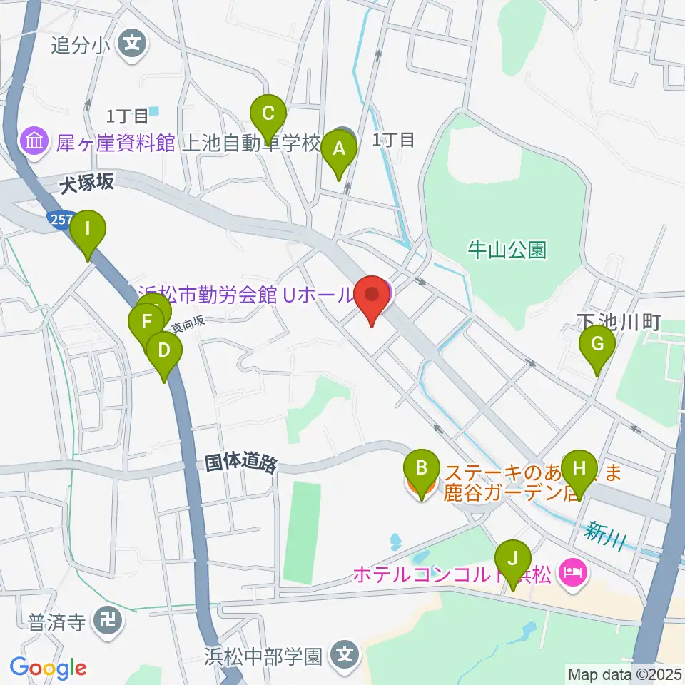 浜松市勤労会館Ｕホール周辺のファミレス・ファーストフード一覧地図
