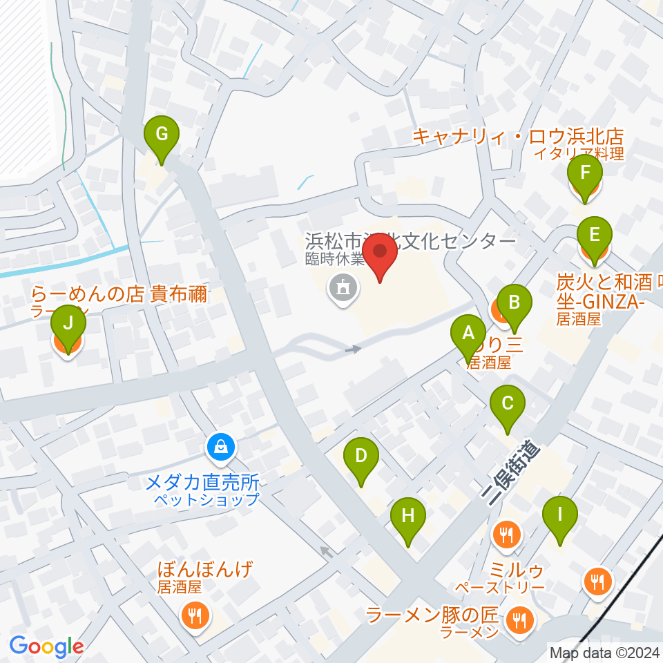 浜松市浜北文化センター周辺のファミレス・ファーストフード一覧地図